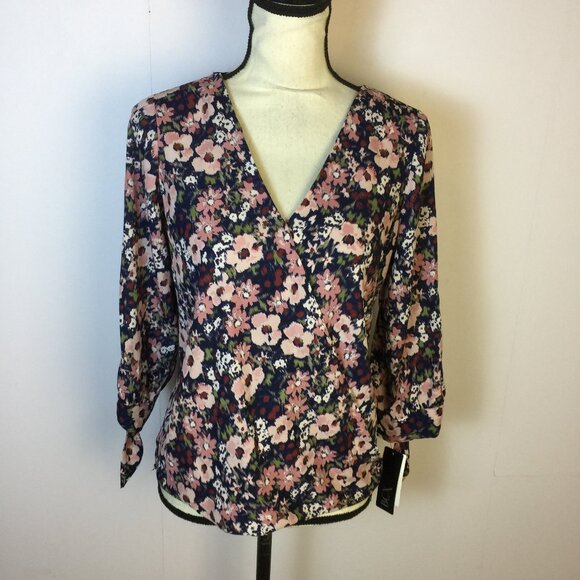 New! BCX Surplice Wrap Blouse Top S Woman's Blue Pink Floral 3/4 Tie Sleeve - Picture 1 of 16